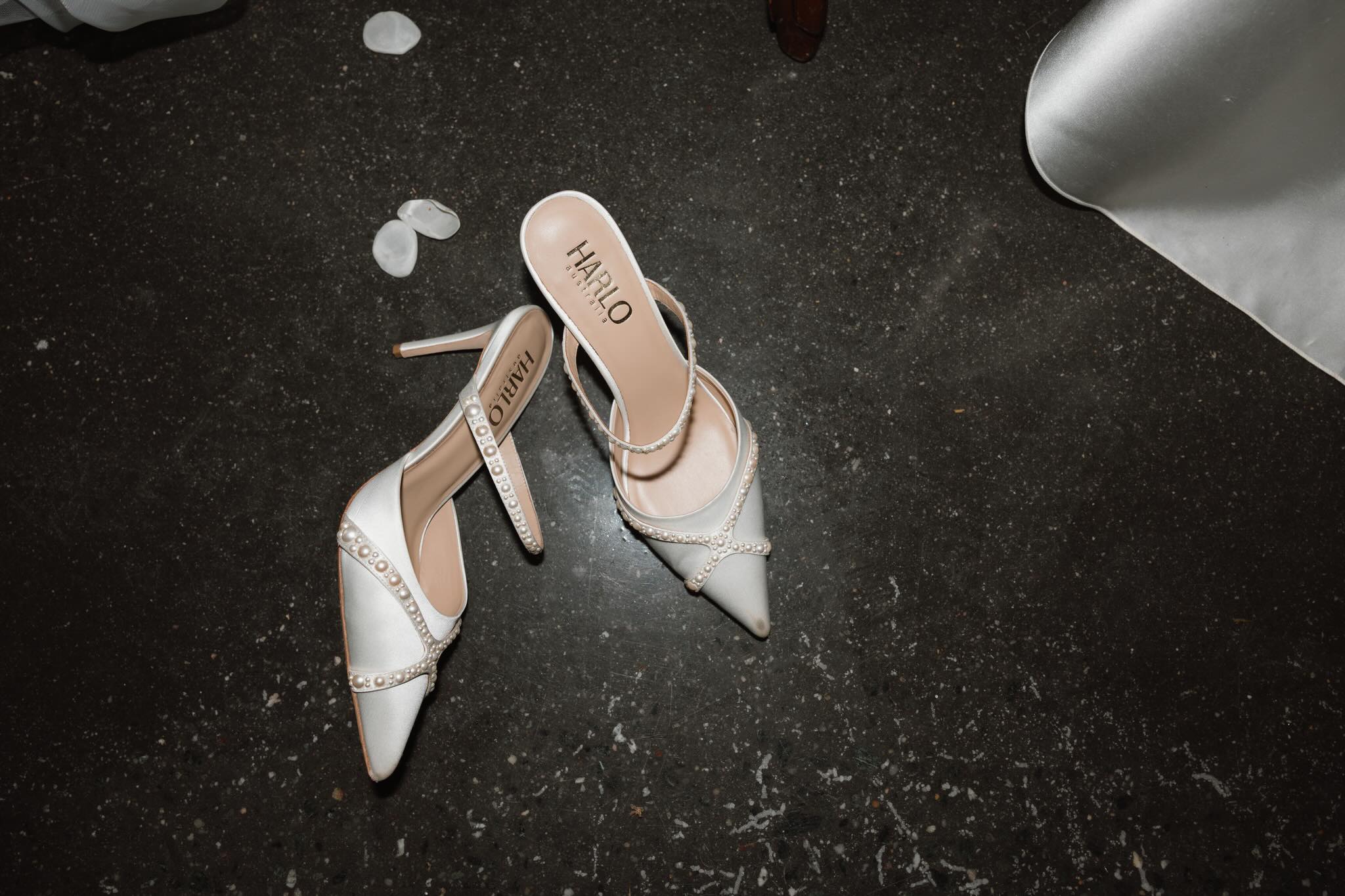 Grace - Pearl Embellished Stiletto Mule Heels - Soft White