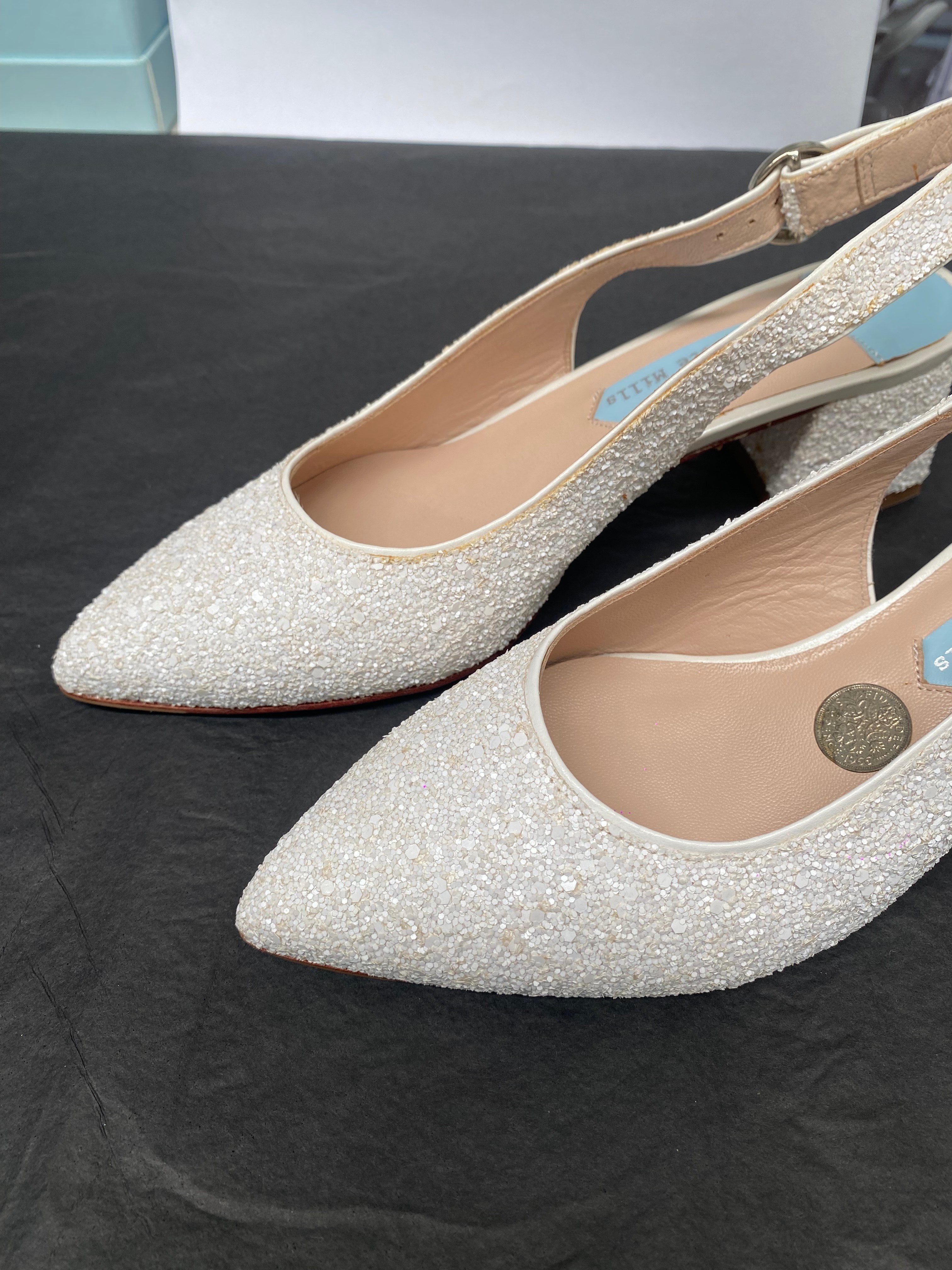 SAMPLE - January - Pearl Encrusted Pointed Bridal Block Heel - Size 5