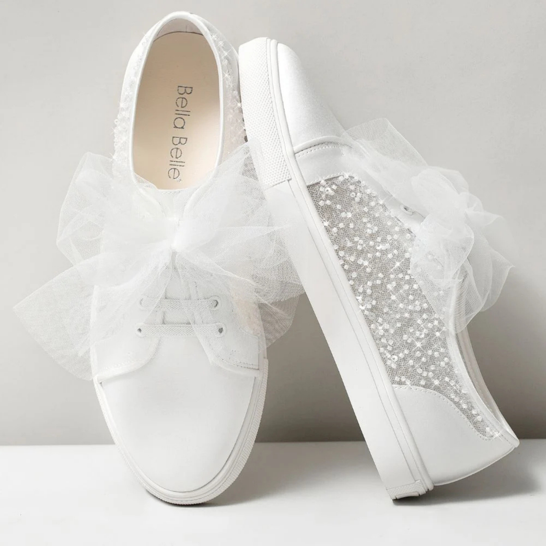 Isadora - Bridal Sneakers with Beads and Removable Tulle Bow - Ivory