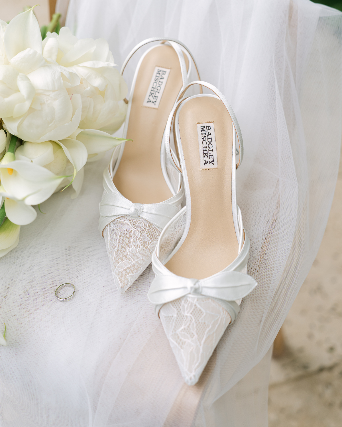 Josie - Pointed Toe Lace Ankle Strap Pumps - Soft White