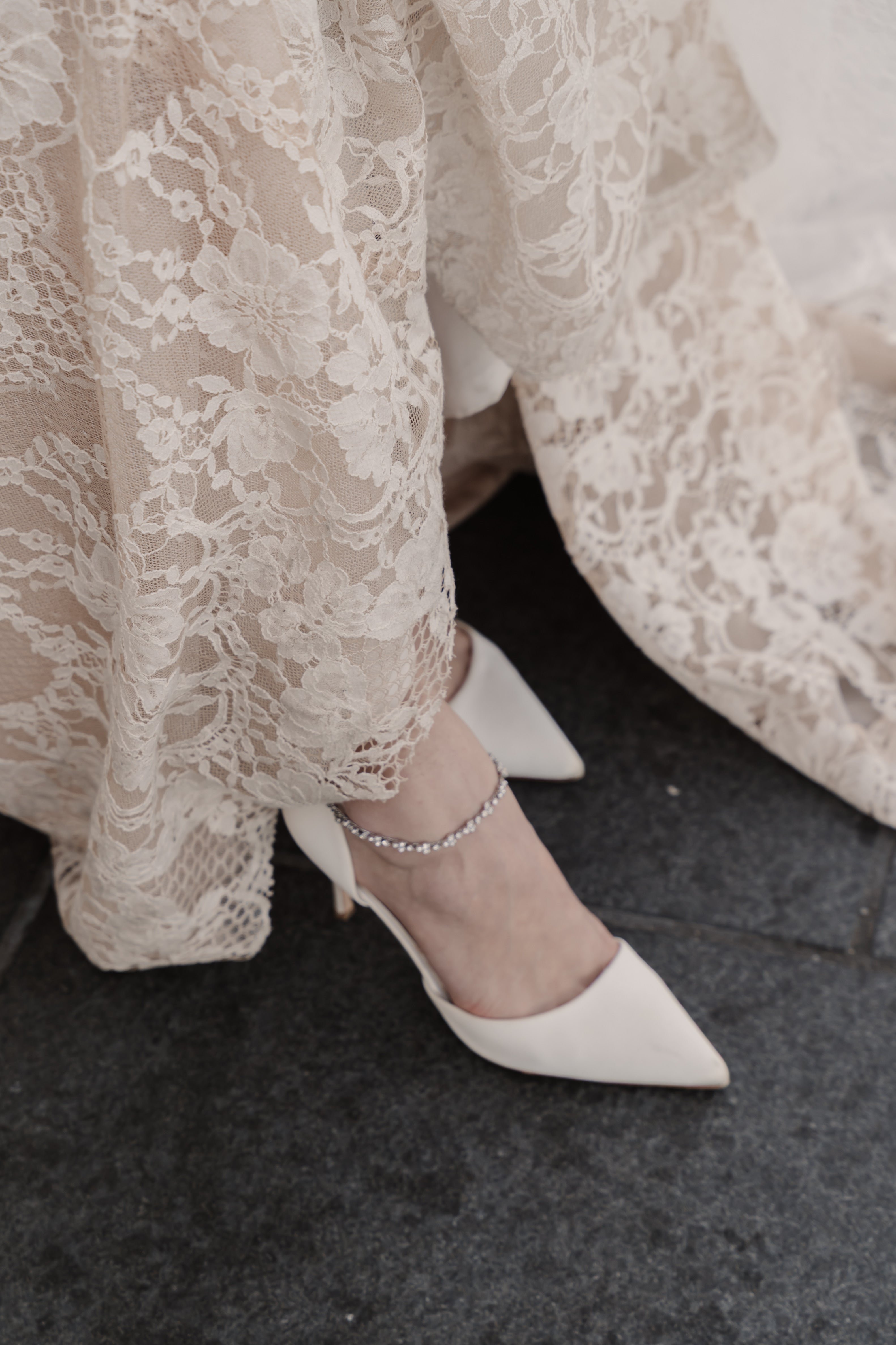 Daniela - Satin Pointed Toe Stiletto With Ankle Bracelet - Soft White