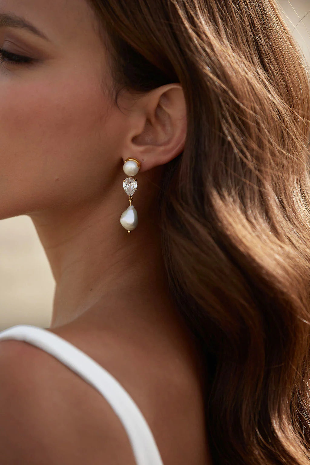 Buy Lola Knight - Celine - Double Pearl And Crystal Drop Earrings - Gold online | The White Collection Australia