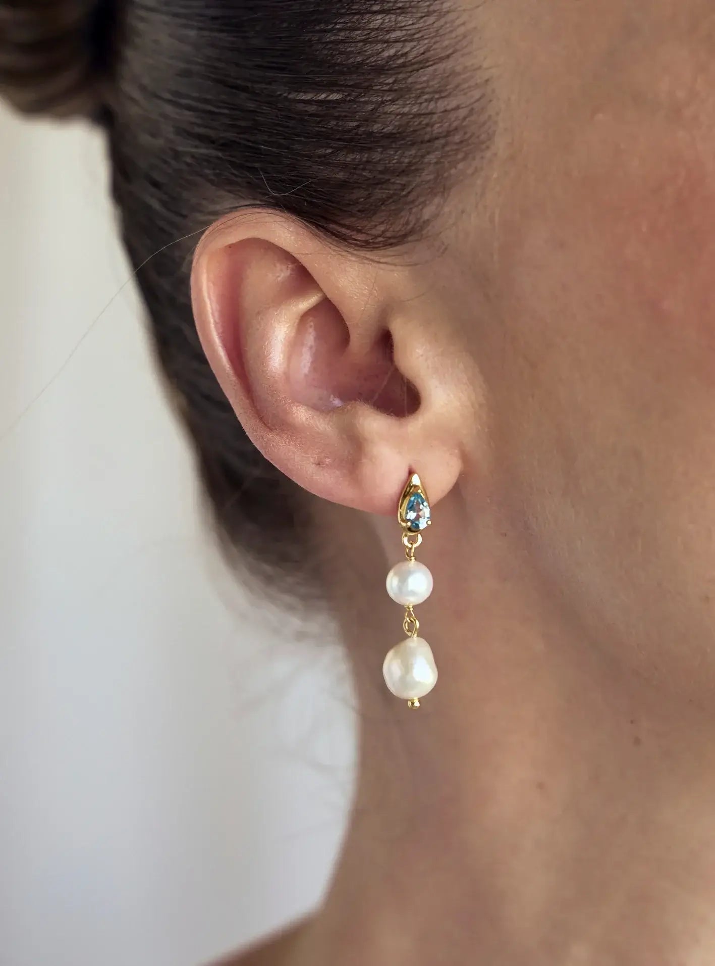 Lola Knight Lulu blue topaz pearl and crystal drop earrings 18ct gold, The White Collection Australia