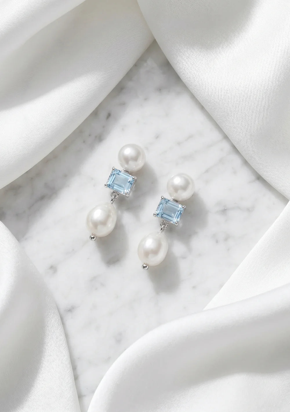 Lola Knight Margot wedding earrings blue topaz pearl silver, The White Collection Australia