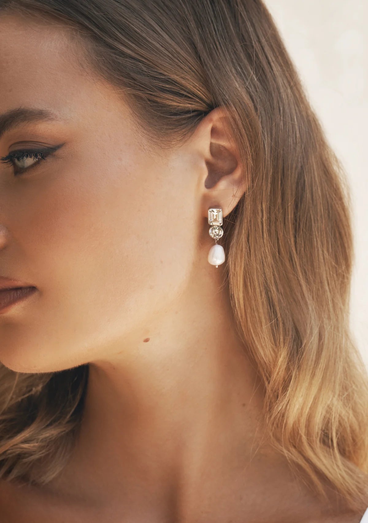 Lola Knight - Millie - Crystal & Pearl Bridal Drop Earrings - Silver