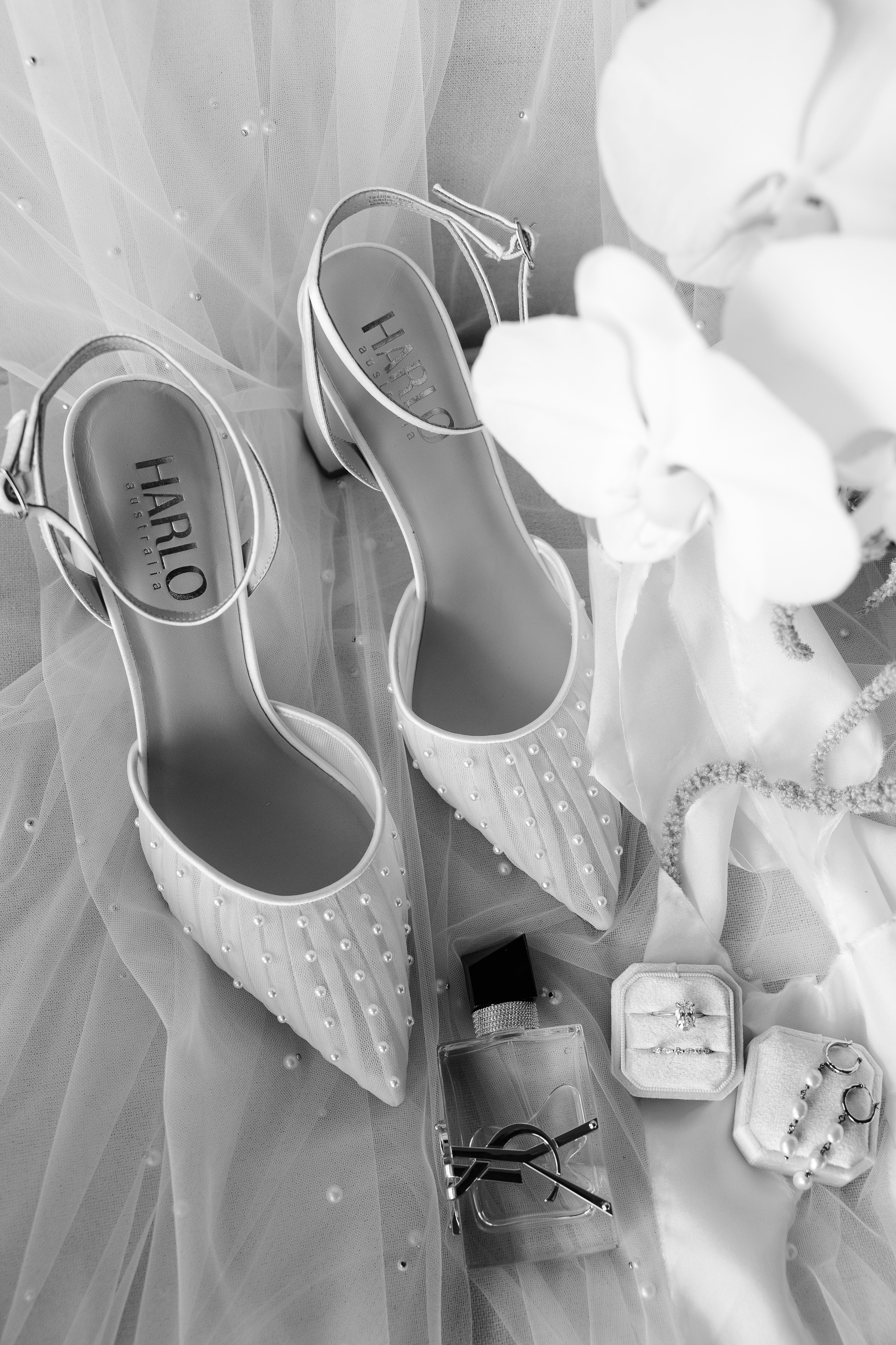 Elle - Tulle Block Heeled Point with Handsewn Pearls - Soft White