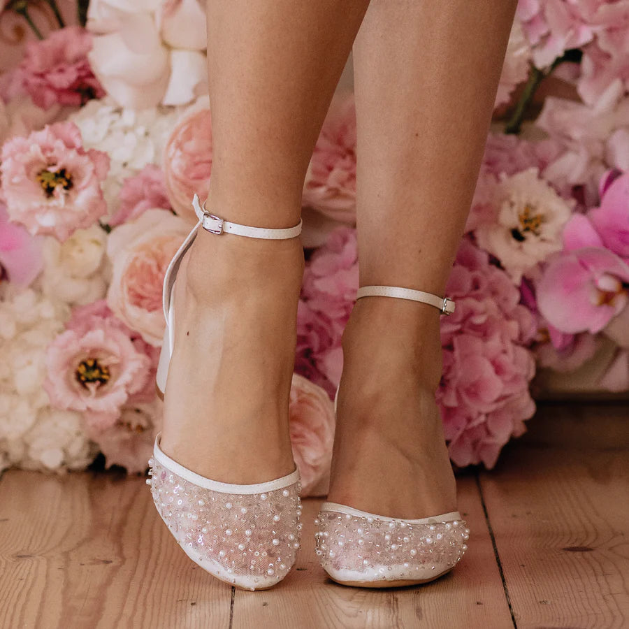 Nori - Beaded Pearl Closed Toe Low Bridal Block Heels - Ivory - Size 6 Only
