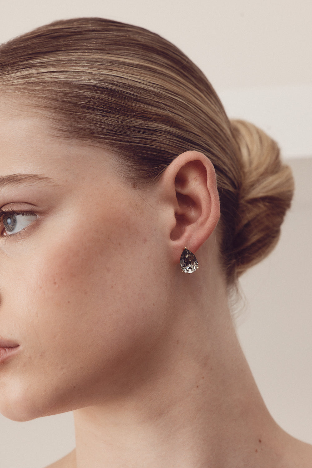 Buy Ruby - Swarovski Crystal Teardrop Stud Clear Crystal Smoke Gold Earrings online | The White Collection Australia