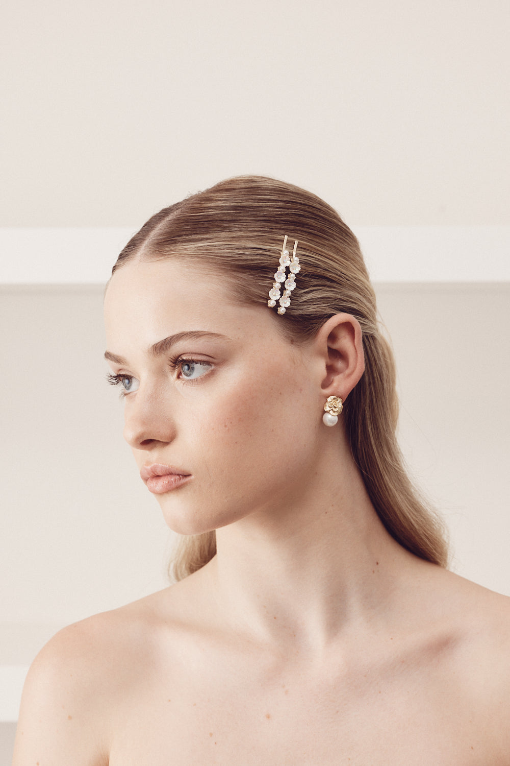Buy Nicole - Flower Statement Pearl Clip On Gold Earrings online | The White Collection Australia