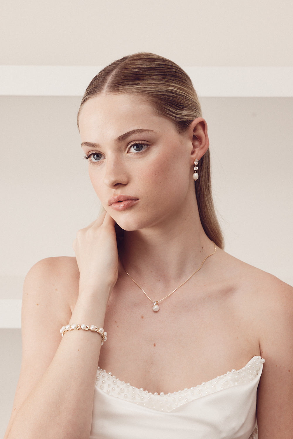 Buy Poppy - Double Crystal and Pearl Drop Bridal Earrings Gold online | The White Collection Australia