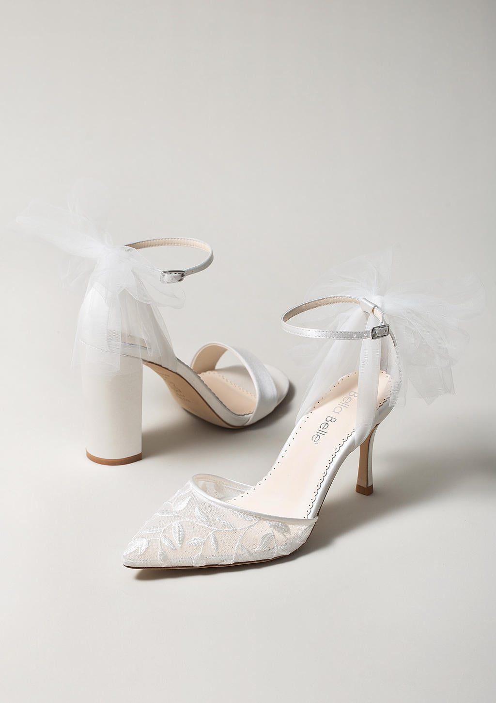 Buy Joselyn - Vine Embroidered Ivory Lace Heels with Ankle Strap Tulle Bows online | The White Collection Australia