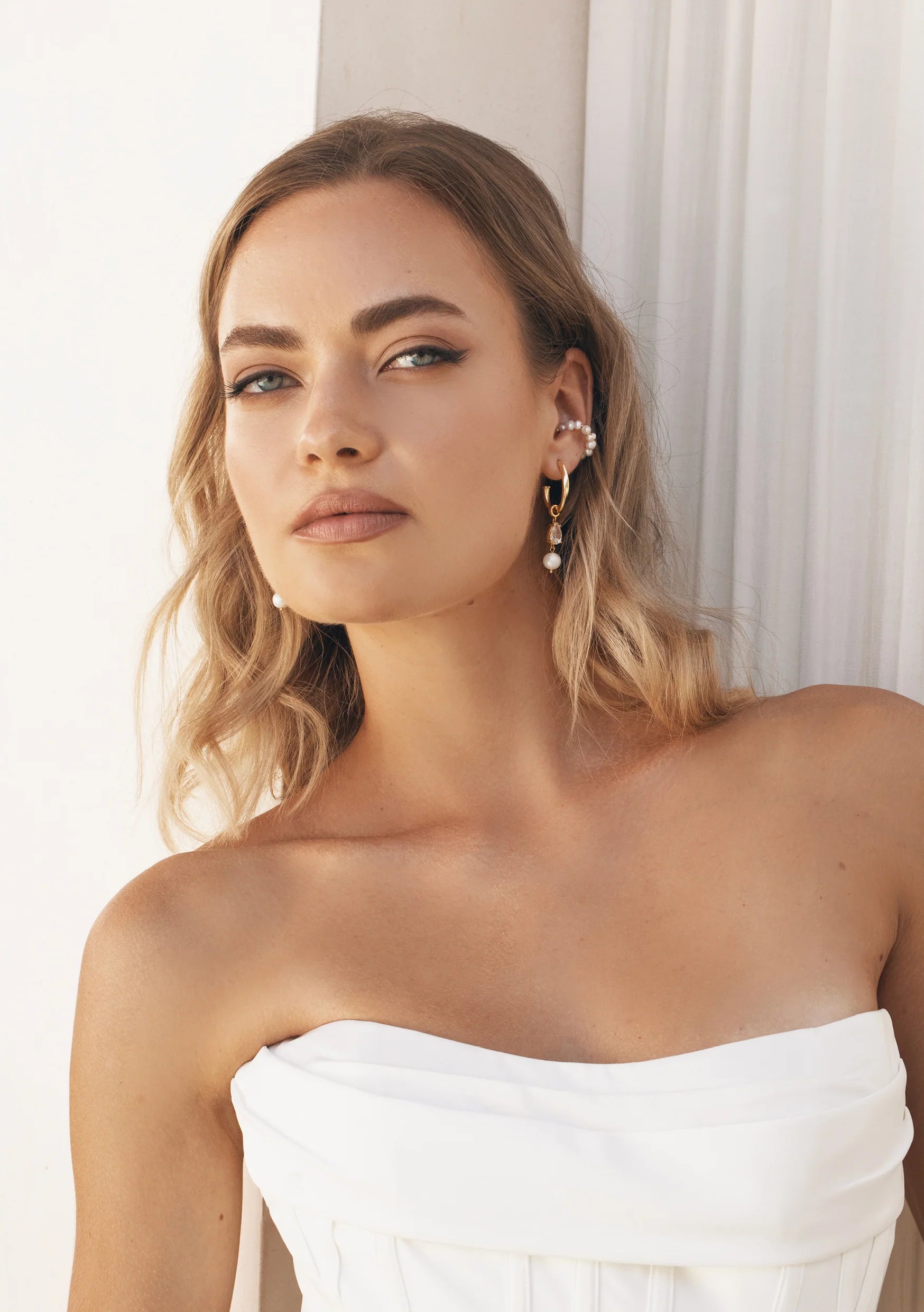 Lola Knight - Riley - Crystal & Pearl Bridal Drop Earrings - 18K Gold