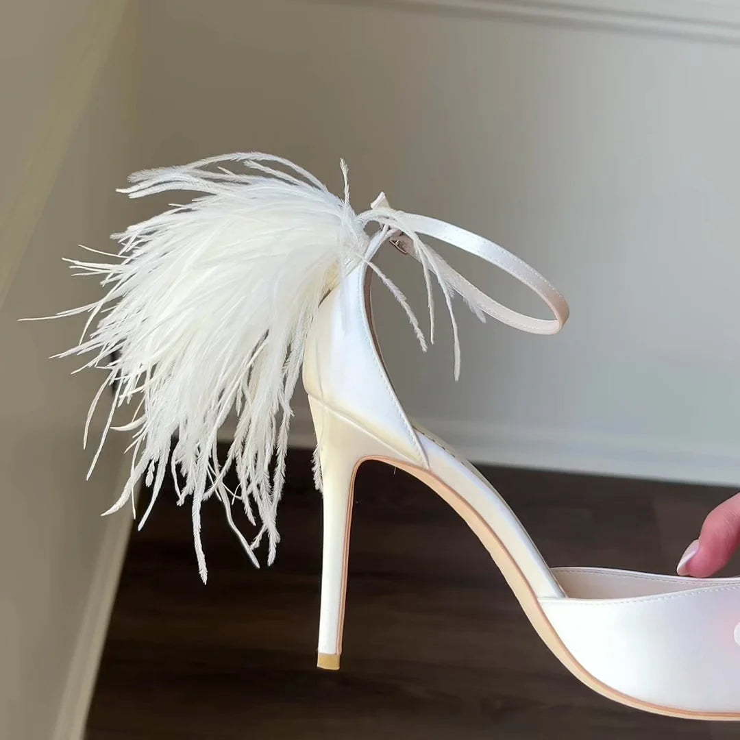 Tate - Feather Detail Statement Wedding Shoes - Ivory