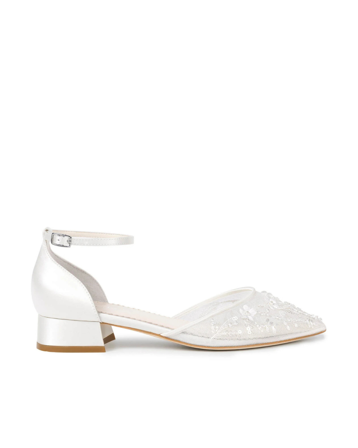 Thalia - Floral Embroidered Wedding Flats with Ankle Strap - Ivory