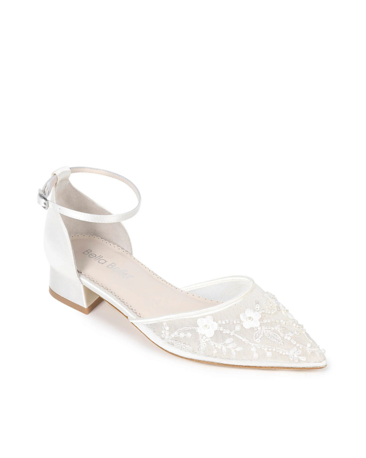 Thalia - Floral Embroidered Wedding Flats with Ankle Strap - Ivory