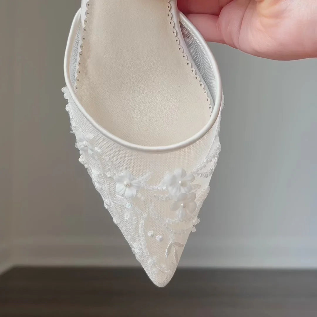 Thalia - Floral Embroidered Wedding Flats with Ankle Strap - Ivory