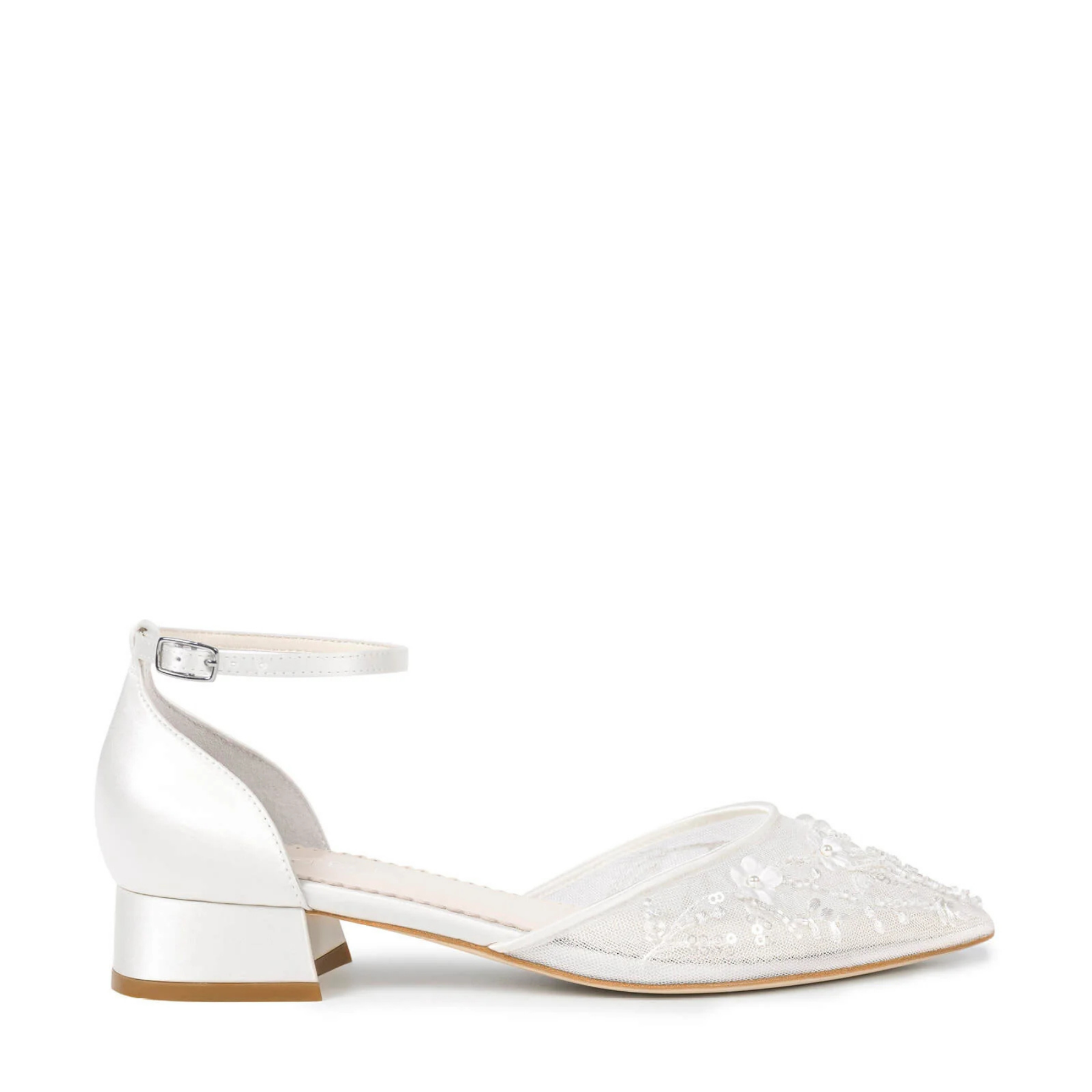 Thalia - Floral Embroidered Wedding Flats with Ankle Strap - Ivory