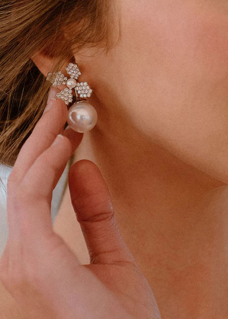 Buy Elizabeth Bower - June Duet Pearl & Crystal Stud - Rhodium Silver online | The White Collection Australia