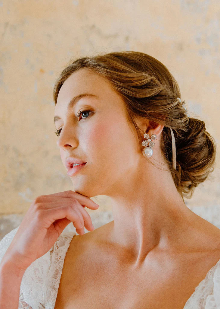 Buy Elizabeth Bower - June Duet Pearl & Crystal Stud - Rhodium Silver online | The White Collection Australia