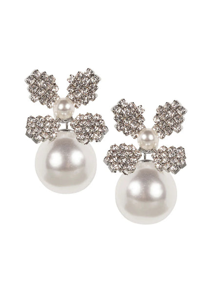 Elizabeth Bower - June Duet Pearl & Crystal Stud - Rhodium Silver