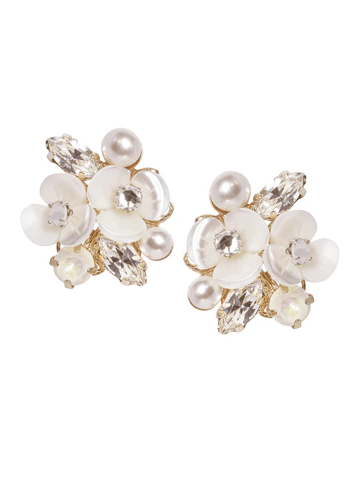Buy Elizabeth Bower - Trillium Pearl & Crystal Cluster Stud - Gold online | The White Collection Australia
