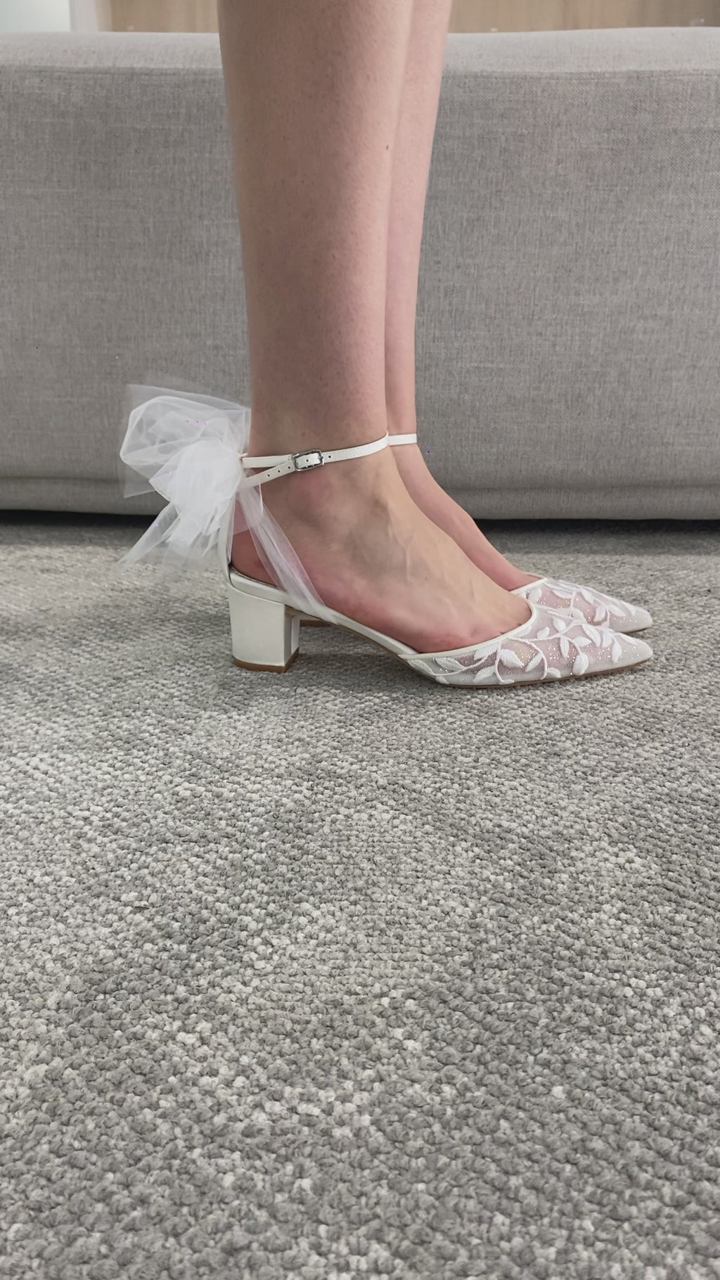 Buy Joelle - Ivory Lace Embroidered 2 Inch Block Heels with Tulle Bow online | The White Collection Australia