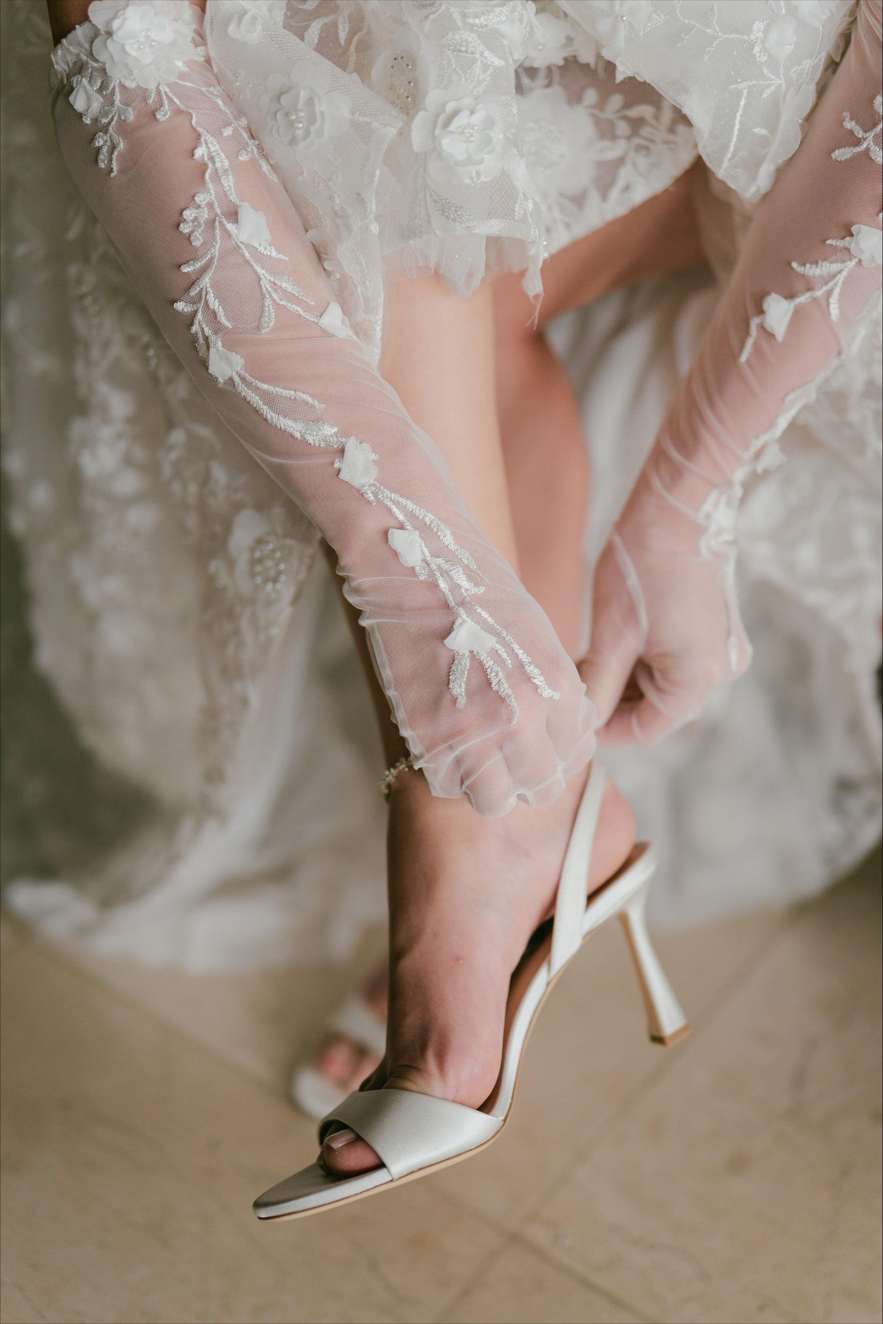 Faye - Satin Open Toe Stiletto With Ankle Bracelet - Soft White