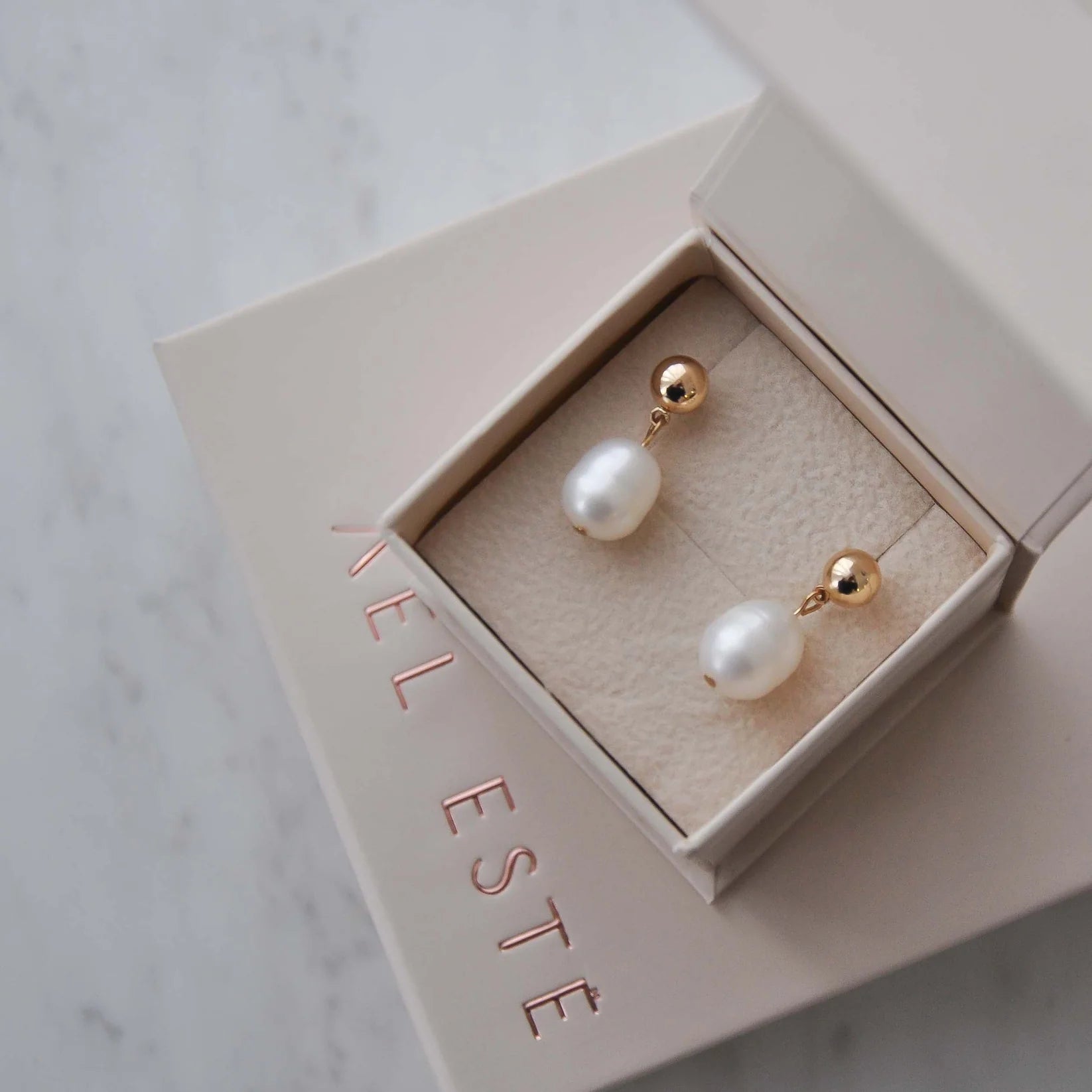 A'el Este Joya bridal pearl drop earrings gold, The White Collection Australia