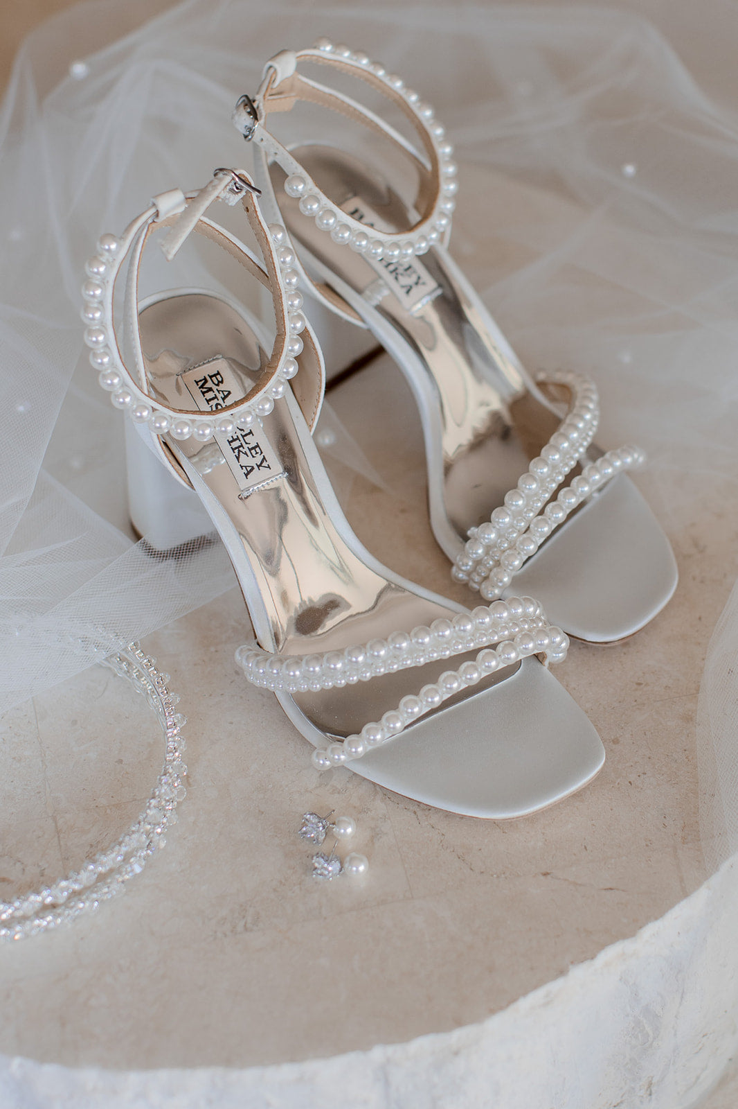 Badgley Mischka Feisty open toe strappy pearl block heel soft white, The White Collection Australia