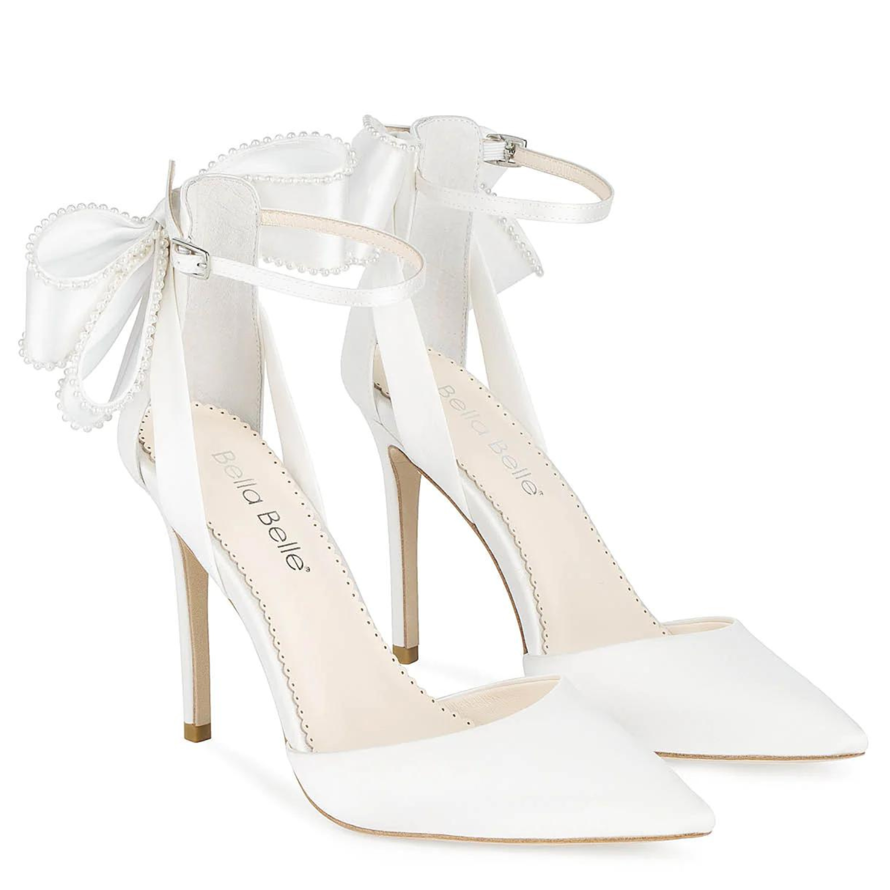Buy Mirabelle - Ivory Pearl Stiletto Wedding Heels with Ankle Strap Bow online | The White Collection Australia