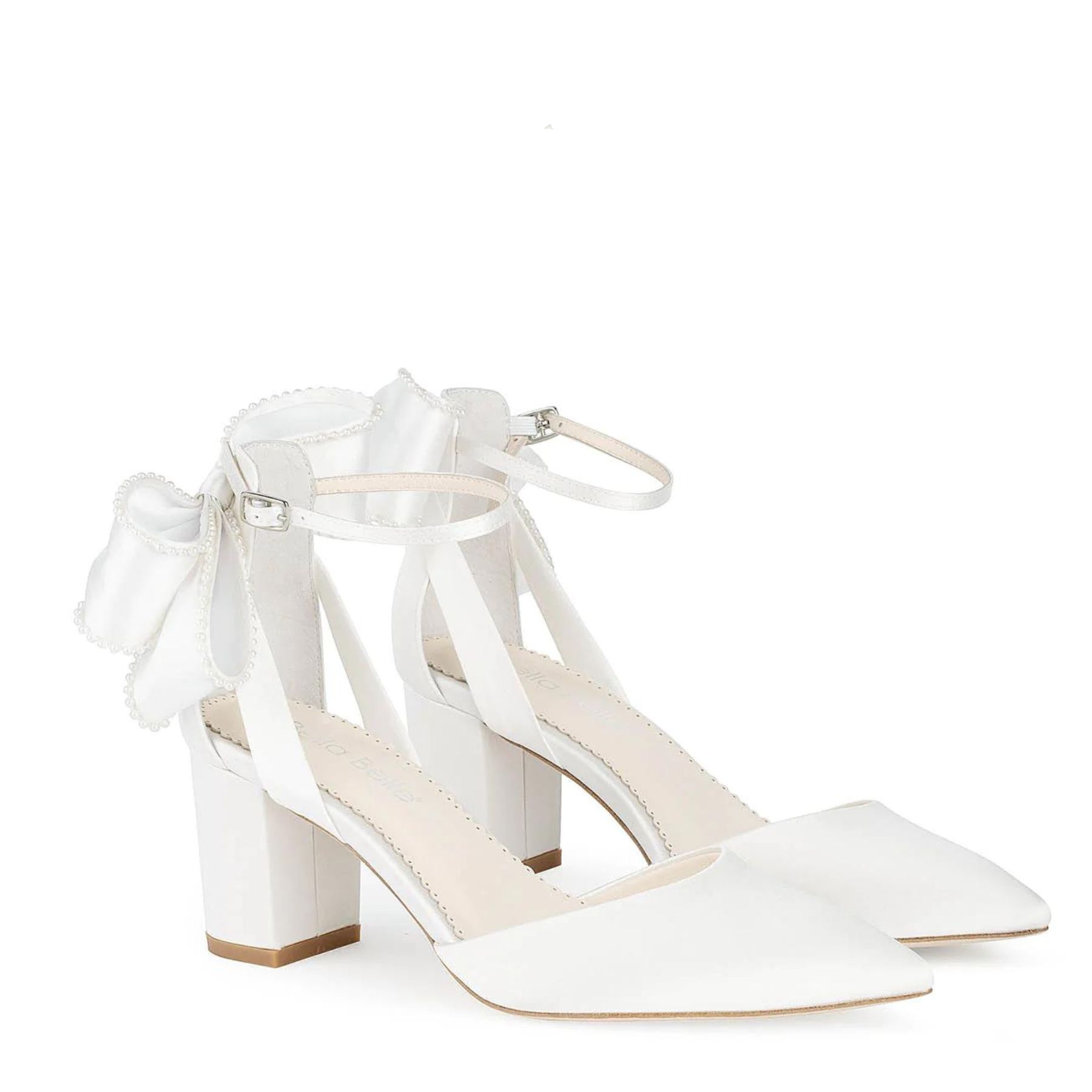 Buy Molly - Ivory Pearl Block Wedding Heels with Ankle Strap Bow online | The White Collection Australia
