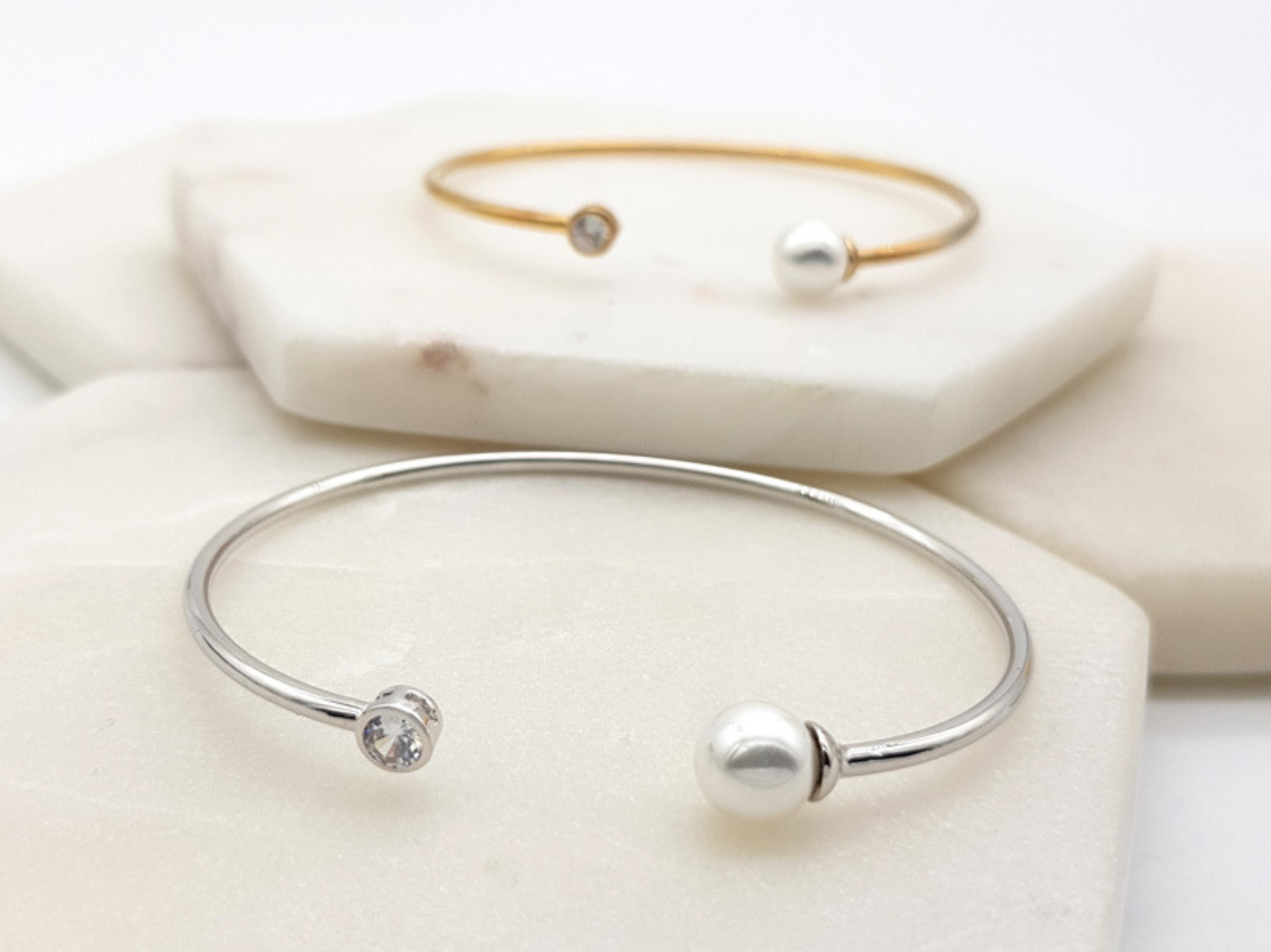 Olivia - Simple Pearl & Crystal Bridal Bangle Bracelet