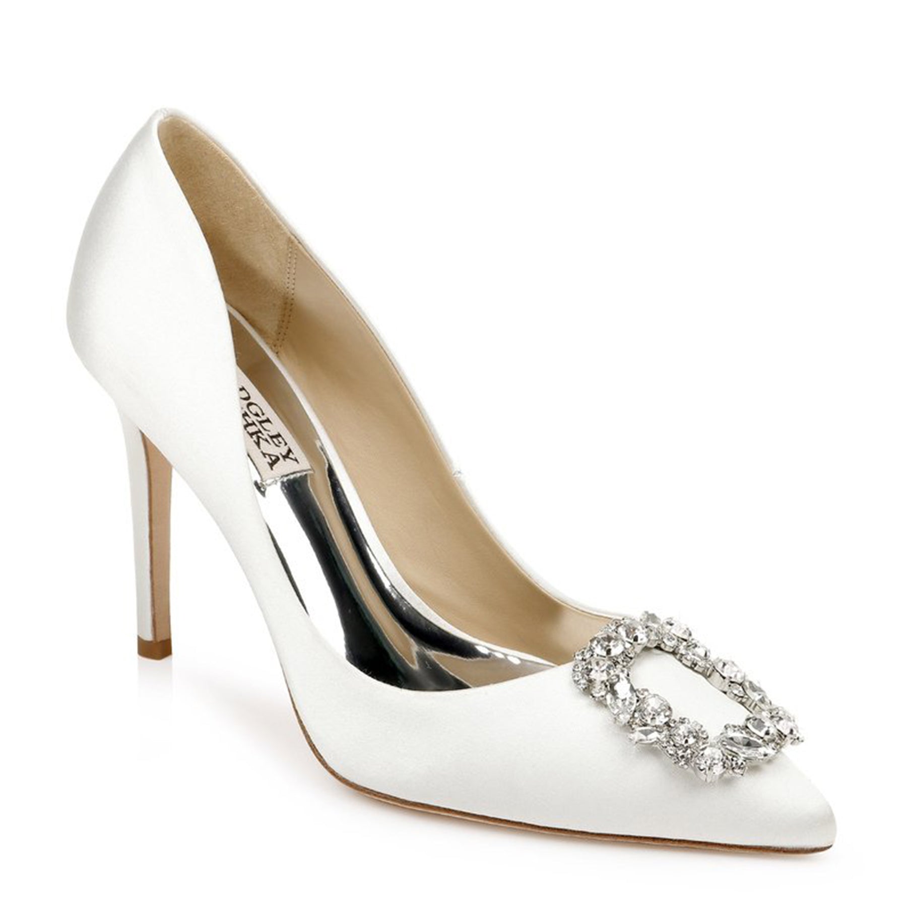 Cher crystal buckle stiletto pump, white satin, Badgley Mischka, The White Collection Australia